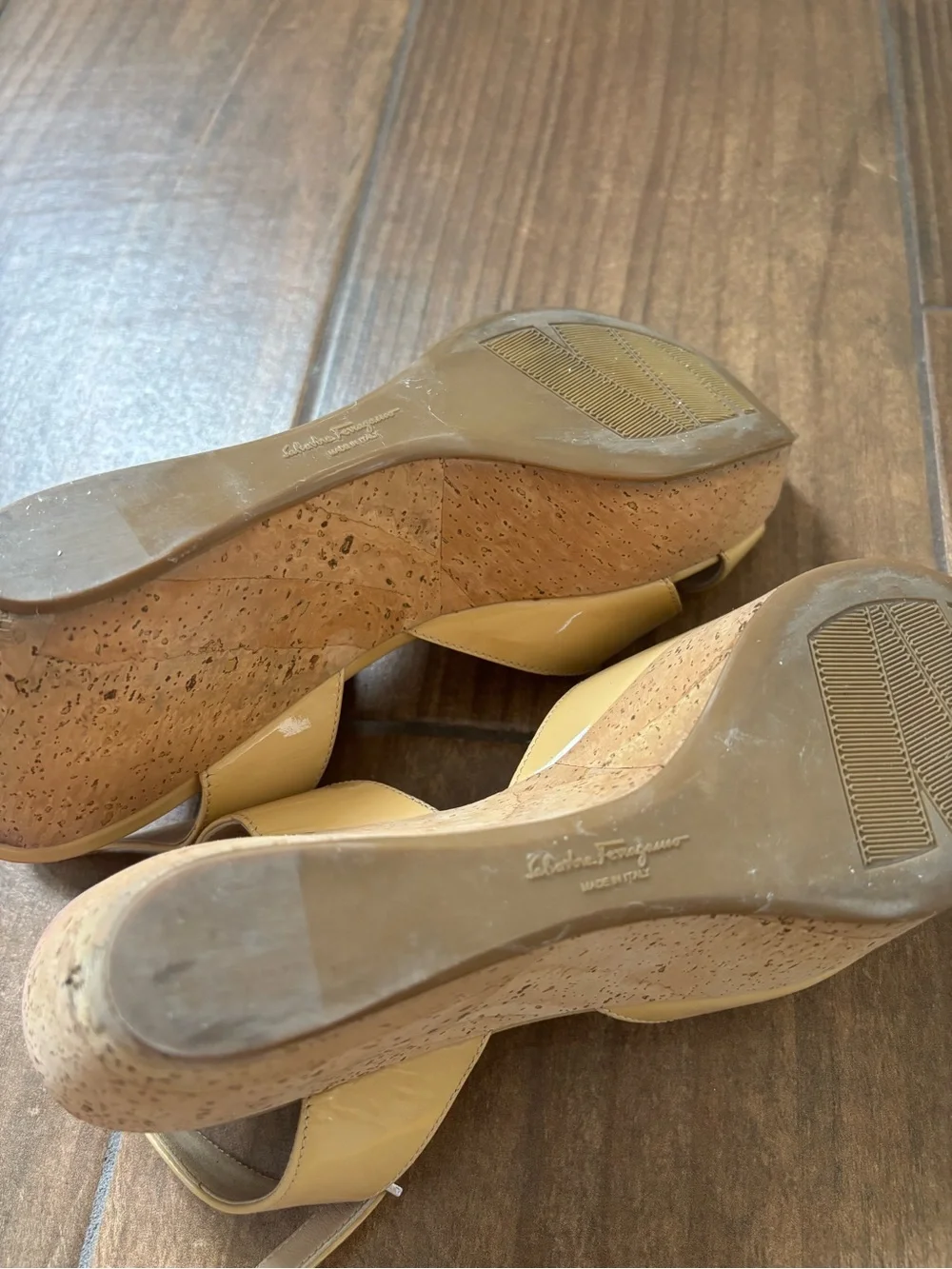 Salvatore Ferragamo Patent Leather My Sunset Cork Wedge Sandals Size 7.5 M